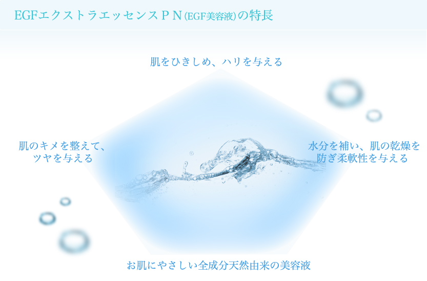 EGFエクストラエッセンスＰＮ（EGF美容液）の特長
肌をひきしめ、ハリを与える
肌のキメを整えて、ツヤを与える
水分を補い、肌の乾燥を防ぎ柔軟性を与える
お肌にやさしい全成分天然由来の美容液